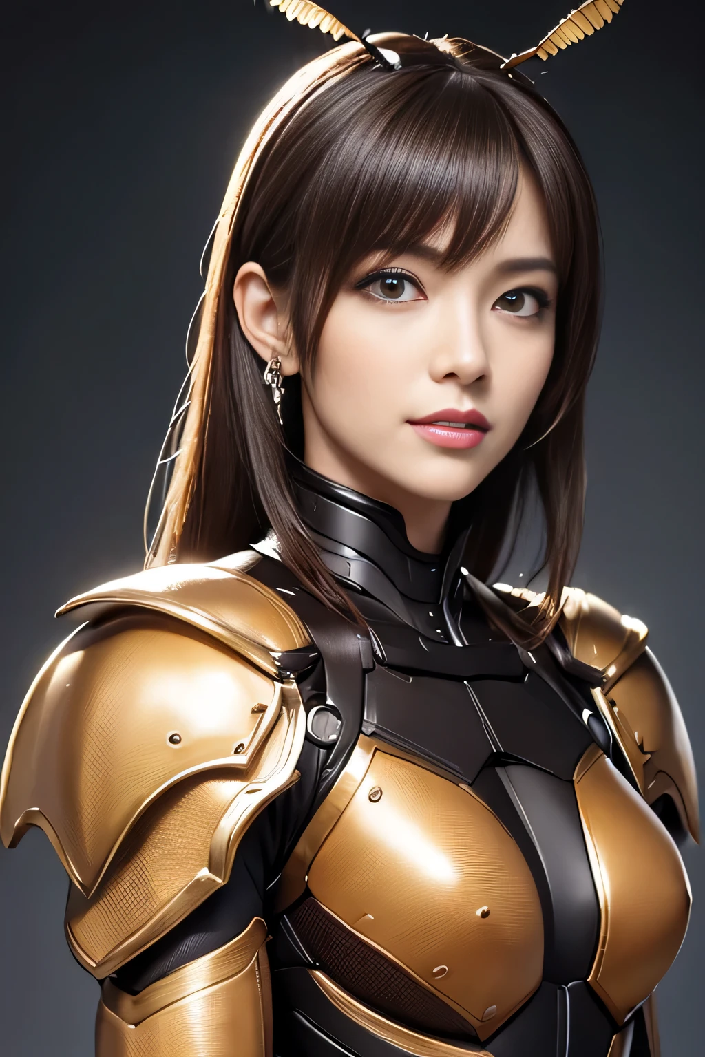 (High resolution,masterpiece,highest quality,Very detailed CG, anime, official art:1.4), realistic, photograph, amazing detail, all complicated, luster and luster,great many layers, 8k wallpaper, 3D, sketch, cute, figure,( alone:1.4), perfect female proportions,villain&#39;s daughter, (Fusion of dark brown cockroach and lady:1.4), (brown cockroach form lady:1.2), (brown cockroach woman:1.2), (Fusion:1.2), (alone:1.4), (evil smile:1.2), muscular, abs, (Cockroach brown exoskeleton bio insect suit:1.4), (Cockroach brown exoskeleton bio insect armor:1.2), (brown transparent cockroach feathers:1.4), (brown cockroach antenna:1.3),