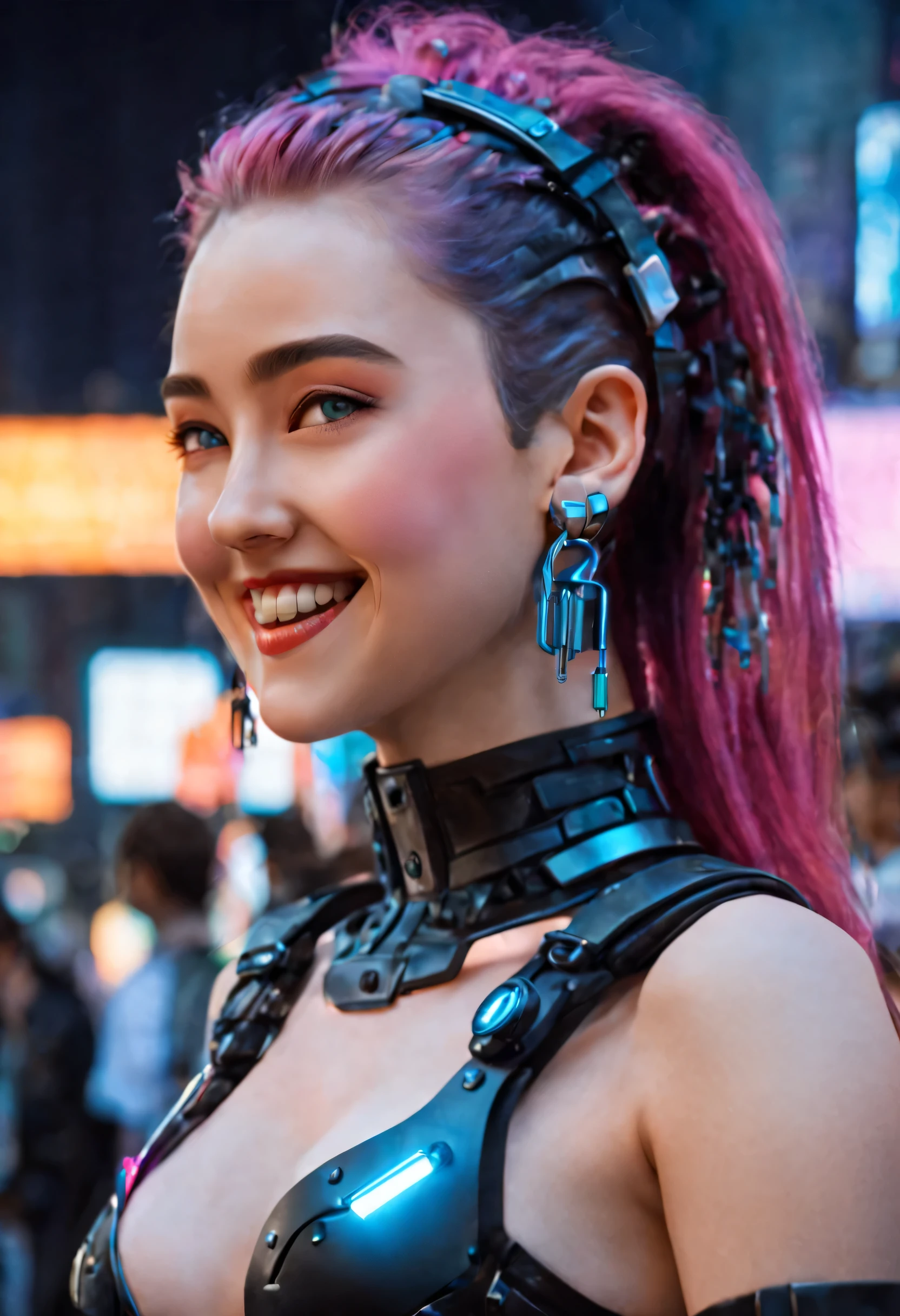 Obra de arte, melhor qualidade, ((sorridente)) garotas cyberpunk em pé, vista lateral, Arnês cyberpunk inspirado em Harajuku, cores e padrões ousados, acessórios atraentes, penteado moderno e inovador, deslumbrante paisagem urbana Cyberpunk, arranha-céus, sinais de néon brilhantes, Luzes LED, ilustração de anime, textura detalhada da pele, textura detalhada de pano, lindo rosto detalhado, Detalhes intrincados, ultra detalhado, iluminação cinematográfica, forte contraste. INFO