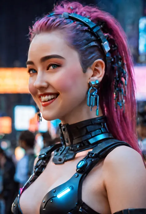 masterpiece, best quality, ((smiling)) cyberpunk girls standing, side view, harajuku-inspired cyberpunk body harness, bold color...