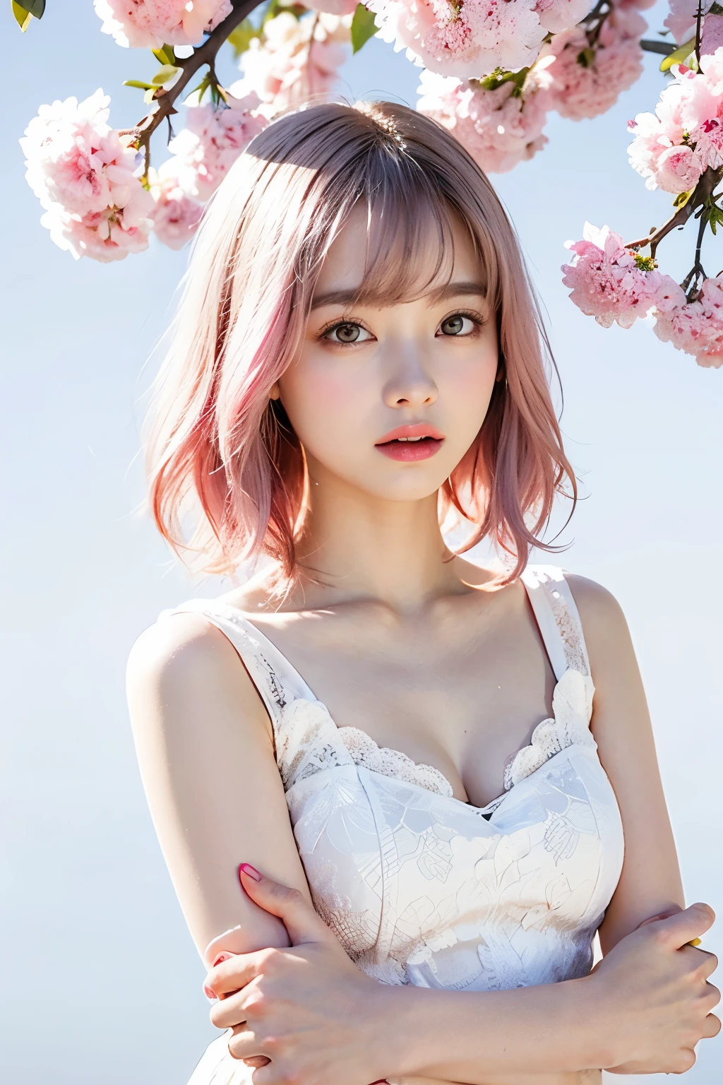 Light pink hair, pink eyes, pink and white, sakura leafs, vivid colors, white dress, paint splash, simple background, ray tracing, wavy hair