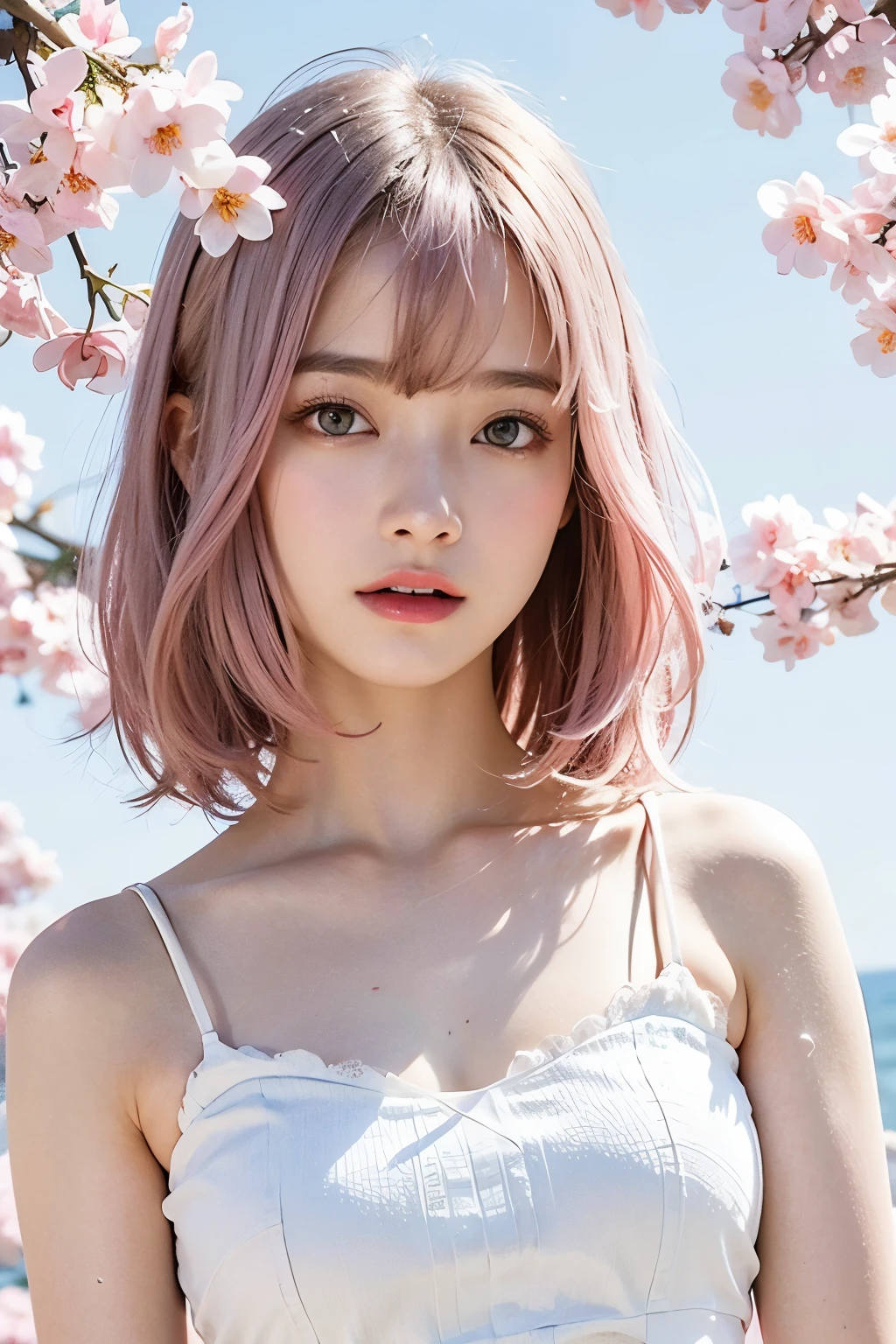 ライトピンクの髪, ピンクの目, ピンクと白, 桜の葉, 鮮やかな色彩, 白いドレス, ペイントスプラッシュ, シンプルな背景, レイトレーシング, ウェーブのかかった髪