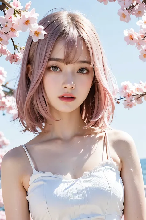 Light pink hair, pink eyes, pink and white, sakura leafs, vivid colors, white dress, paint splash, simple background, ray tracin...