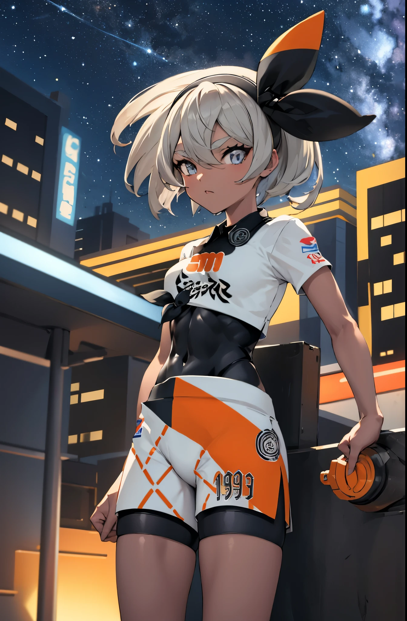 (masterpiece,best quality, detailed), 1girl, solo, cowboy shot, outdoors, night, cityscape, starry sky, detailed eyes, closed mouth, (mecha musume, mechanical parts, robot joints), w arms, clenched hands, facing forward, looking at viewer, bea \(pokemon\), bow hairband, black bodysuit, print shirt, print shorts, bodysuit under clothes, 