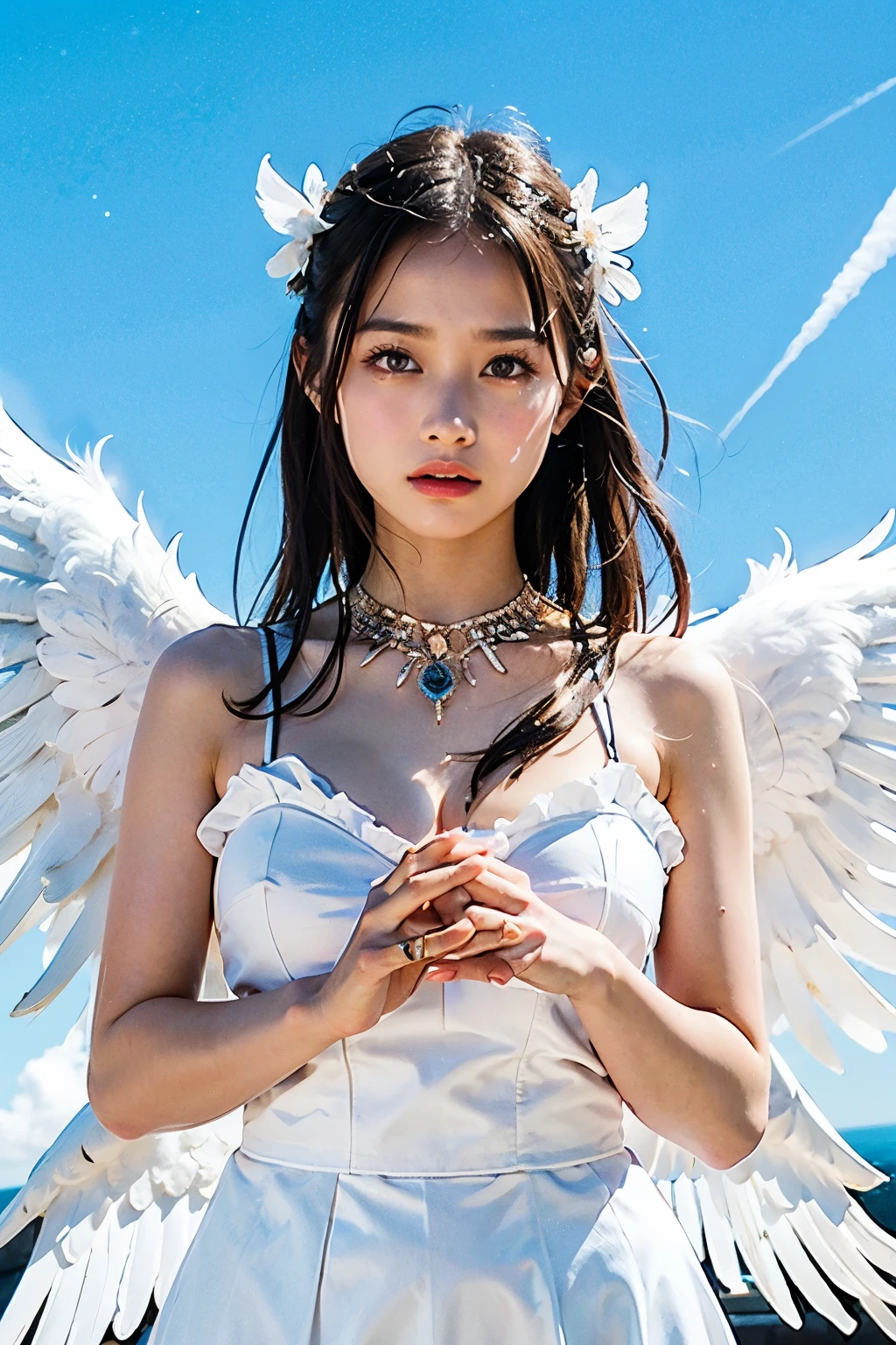 masterpiece, (best quality:1.2), [:intricate details:0.2], 1girl, large breasts, angel, angel wings, white frills, (daytime sky), shimmering aura, intense focus, crackling energy, mysterious symbols, sparkling motes,