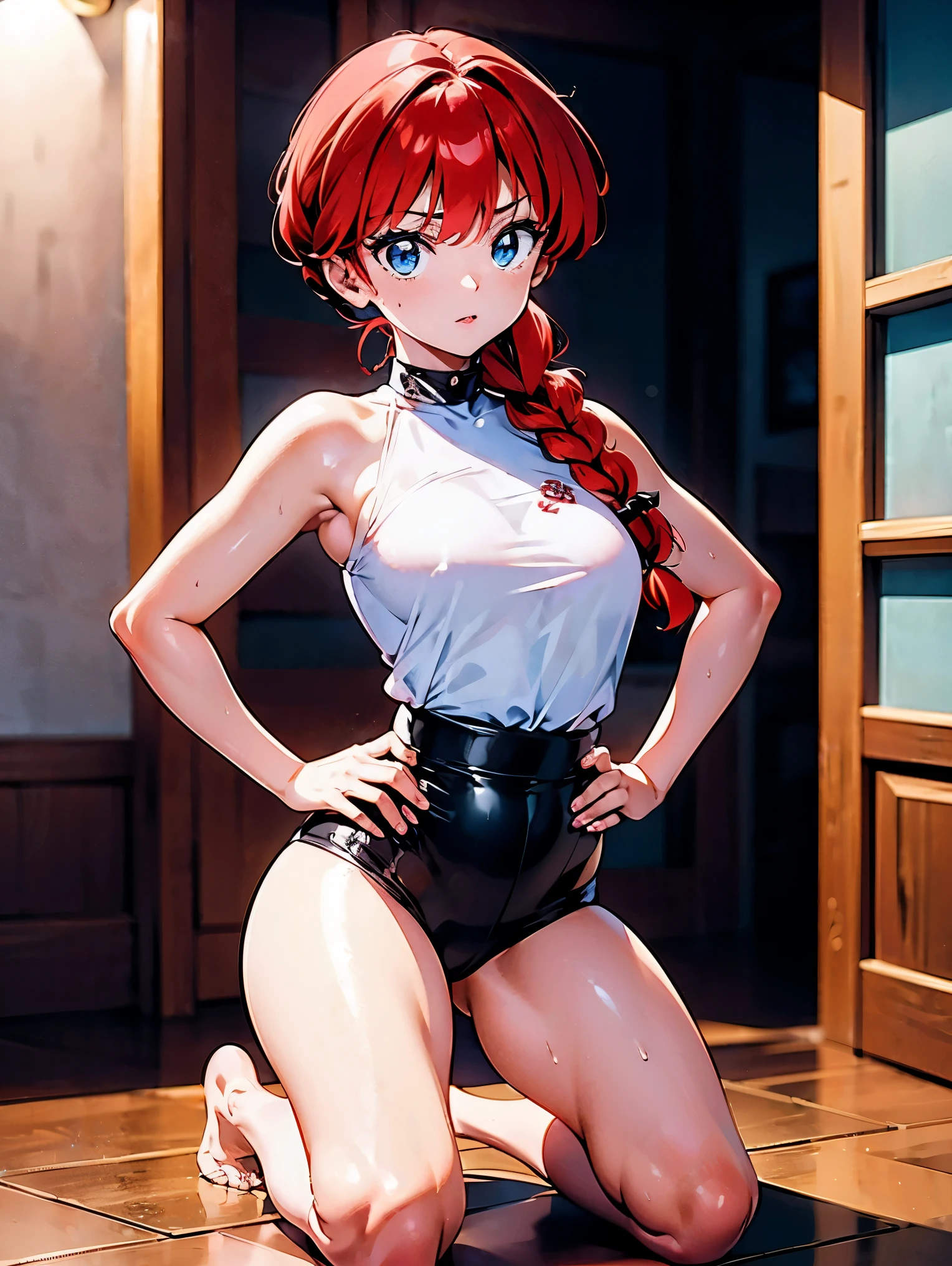 Chica anime pelirroja con top de látex rosa y pantalones de cuero negros, 16 años, cuerpo bonito, senos grandes, arrodillado en el suelo con las manos en la cintura, manos en la cadera, agachado, red pelo con trenza, hermosa iluminación, susve sombras, ojos azules, bonitas piernas, pelo con trenza, estilo anime, Ranma Chan, Autora Rumiko Takahashi, Basado en una obra de Rumiko Takahashi, Anime Ranma 1/2, senos grandes, decoración sexy, cadera robusta, cuerpo entero, cuerpo entero, hermosos pechos, chica joven con cuerpo hermoso y hermoso, sombreado suave