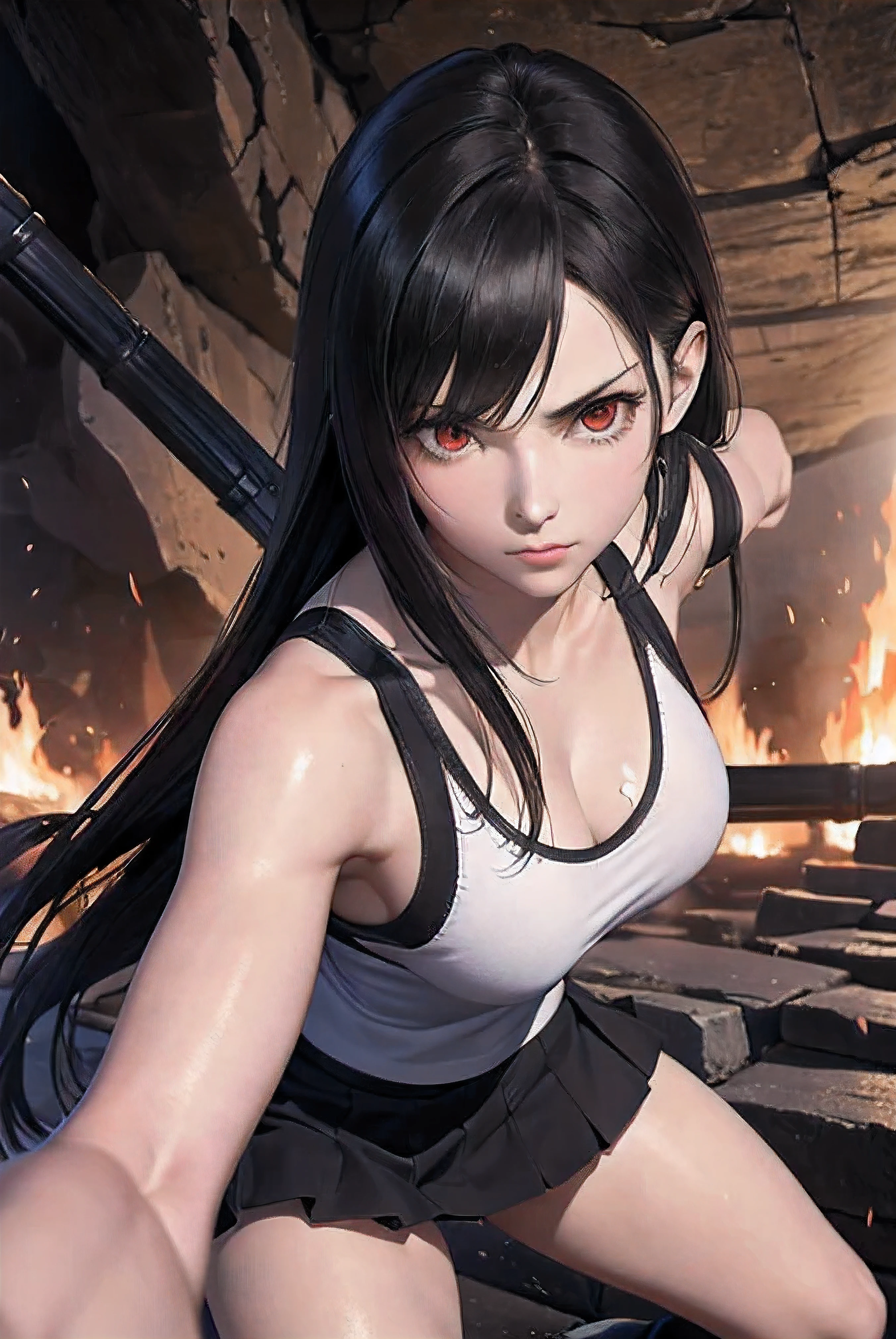 white tank top with black trim and black skirt, inside the cave, black long hair, the girl has really red eyes, tifa lockhart, The girl is 16 years old, beautiful skin, realistic anime, anime realism style, Output in 8K, highest quality,Natural light, professional lighting, shiny skin, silky skin, bonfire lighting, Looking over there, fighting pose, Fight monsters, Girl vs Monster, Moonsault Kick