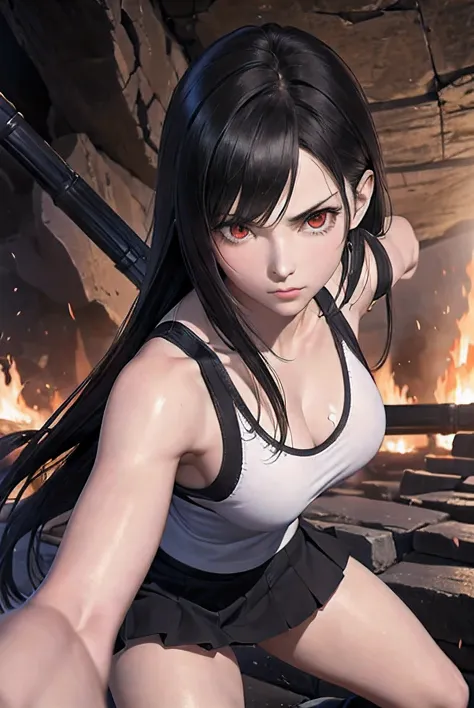 white tank top with black trim and black skirt, inside the cave, black long hair, the girl has really red eyes, tifa lockhart, t...