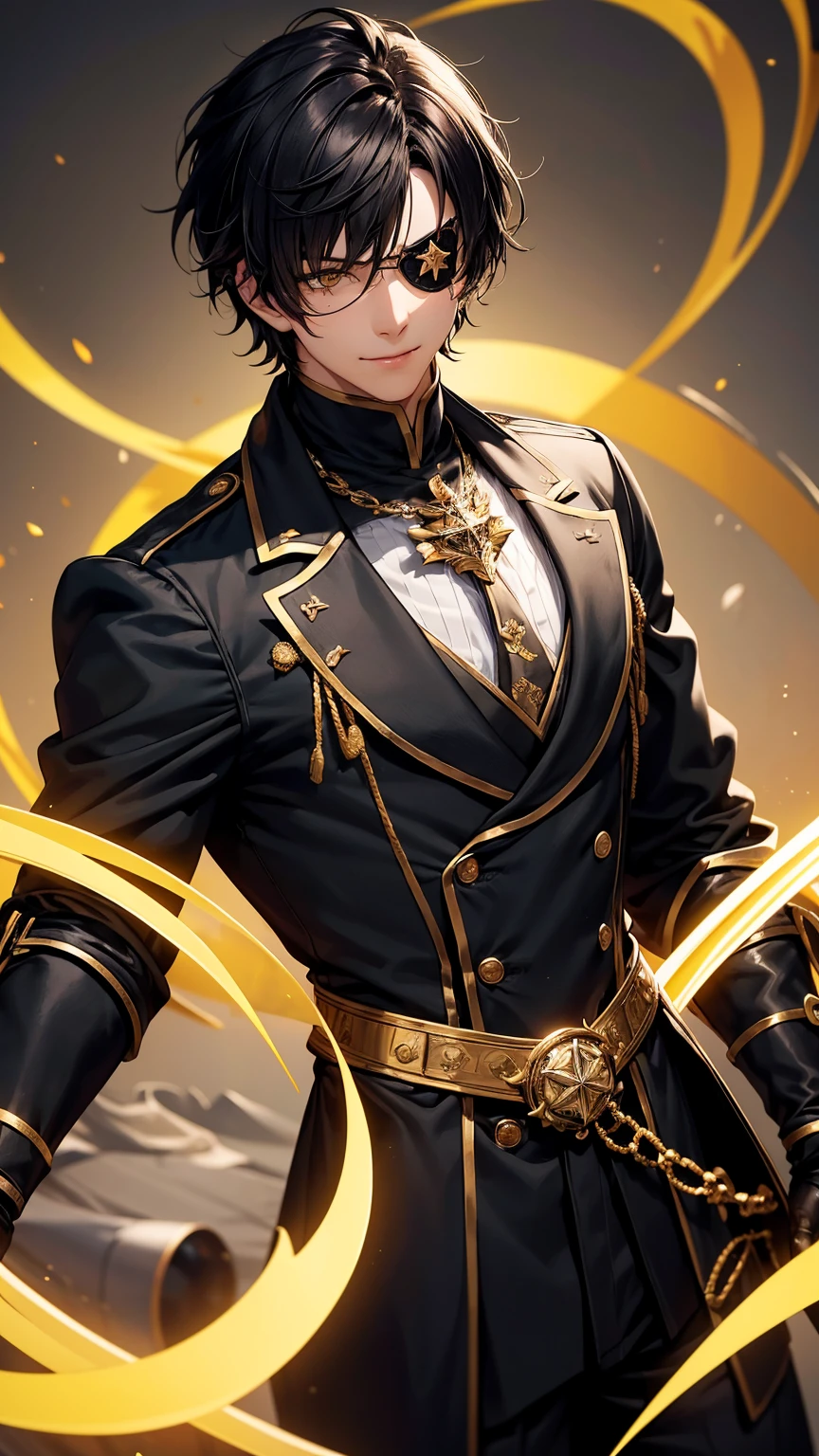 1man,solo, male photo,  black hair, wavy hair,short hair, (black gloves), (yellow eye),((black tailcoat)),((black eyepatch)),gently smile,beautiful background,ultra detailed,best quality, masterpiece, 8K 