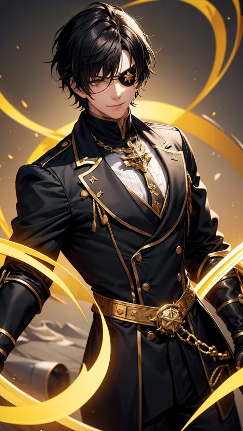 1man,solo, male photo,  black hair, wavy hair,short hair, (black gloves), (yellow eye),((black tailcoat)),((black eyepatch)),gen...