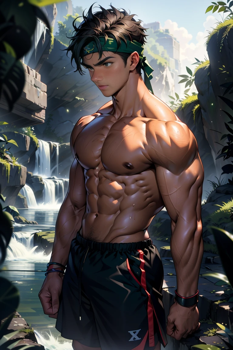 (Masterpiece, Best quality, 18 year old boy, 8k, ultra-detailed), (from behind, looking away, upper body, monolid eyes, thin lips), 1 boy, solo, Young, (teenager), (Dark Short straight hair, under cut), black eyes, full bodyesbian, (Shirtless), topless, (Green headband), sandals, (Black shorts with loincloth), (Depth of field:1.2), (Abs), (chest), (upper arms), black wristband, (topless male), man with martial arts stance, athretic body, inside dark caves, (foggy, night), lying down pose