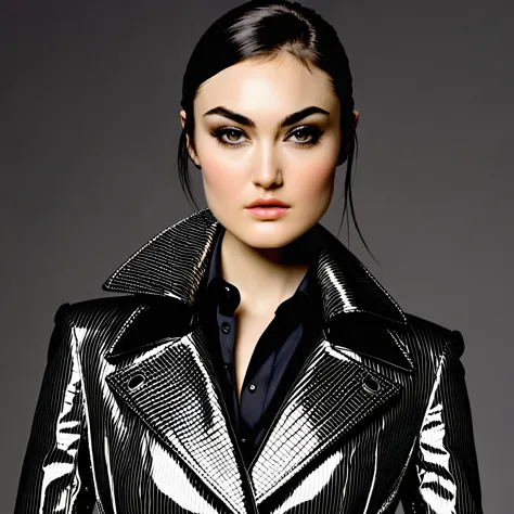 sasha grey as classy top model wearing Balenciaga, magical, crisp, smooth, attractive look; design centered around the model's eyes, classy and elegant, fashion background