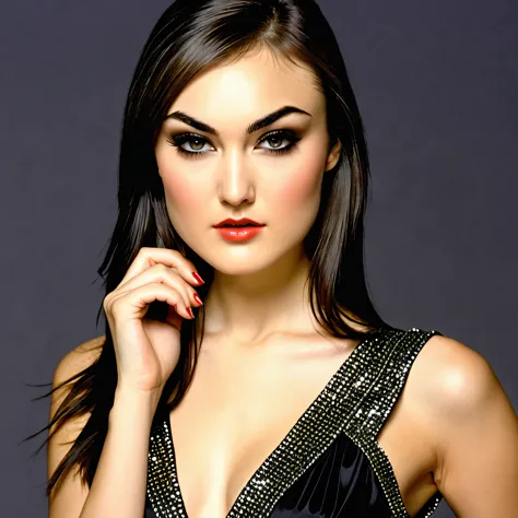 sasha grey as classy top model  wearing edgJG_style clothing, magical, crisp, smooth, attractive look; design centered around the model's eyes, classy and elegant, fashion background