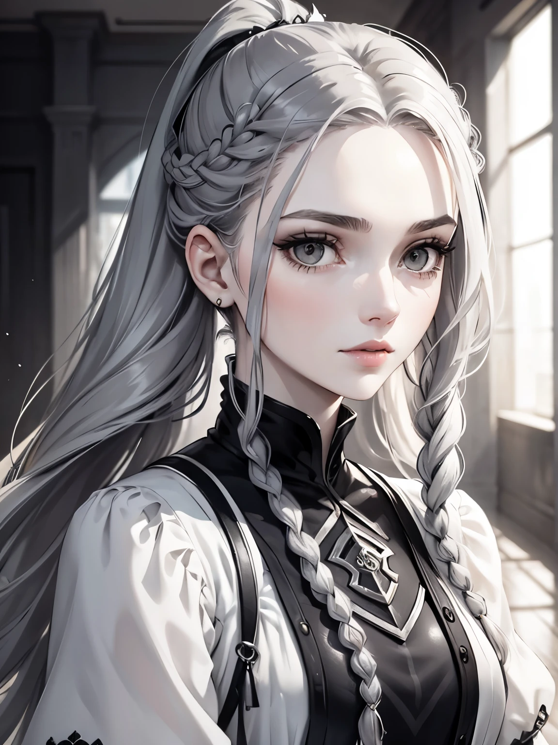 Cassandra is a tall young woman in her 20s with pale skin., gray eyes and white wavy hair, braided into a high ponytail with many small braids. Two strands of hair and asymmetrical bangs go down the sides of the face. Prefers clothes in black and gray colors with lots of silver accents