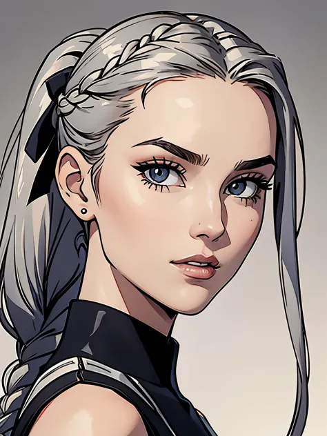 Cassandra is a tall young woman in her 20s with pale skin., gray eyes and white wavy hair, braided into a high ponytail with man...