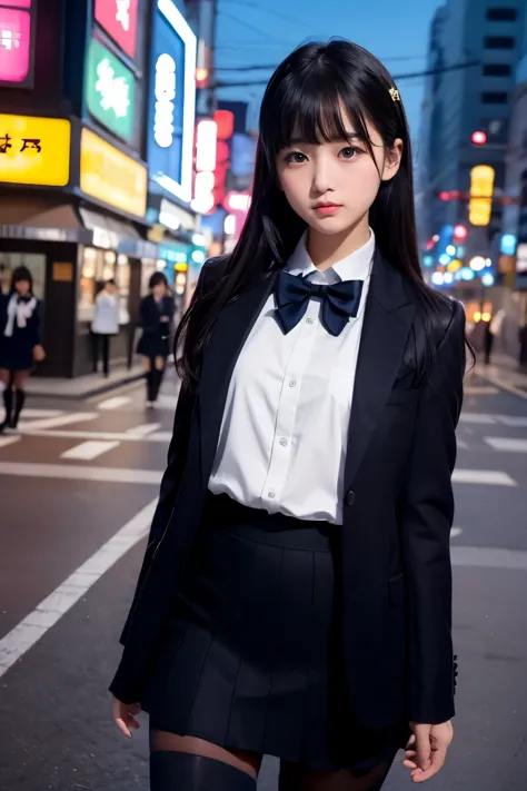 low angle shot、street snap、tall, A baby-faced gal woman wearing a short skirt and bow tie is standing in a neon street at night....