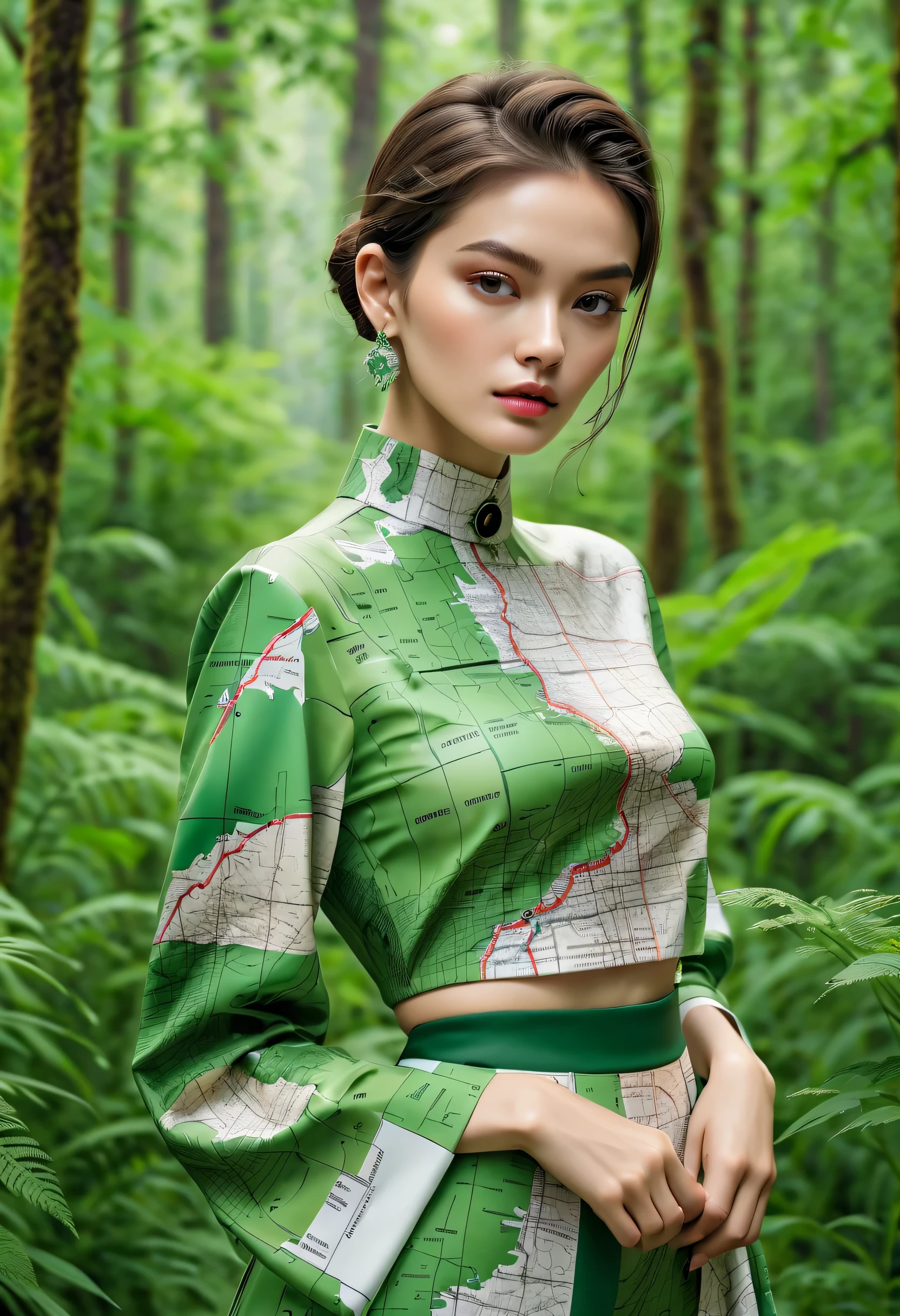 Series set，Creative jewelry，About map elements，Beautifullyly，Beautifully，exaggerate，Model wears map patterned clothes，advanced，extremely beautiful。Blurred green forest background