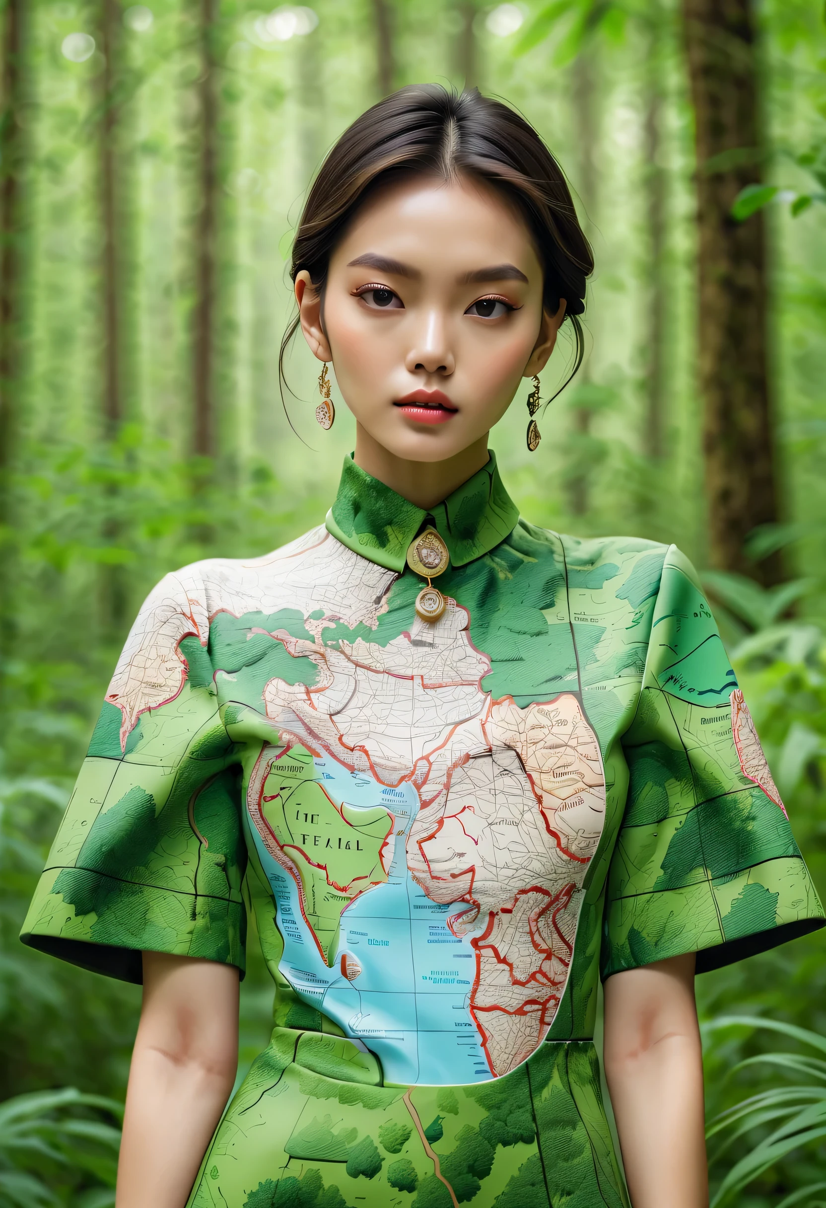 Series set，Creative jewelry，About map elements，Beautifullyly，Beautifully，exaggerate，Model wears map patterned clothes，advanced，extremely beautiful。Blurred green forest background