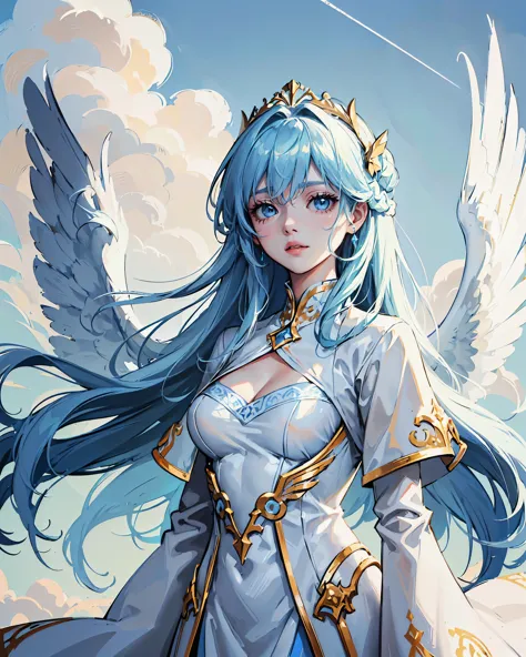 (masterpiece, best quality), solo, angel, long light blue hair, light blue eyes, wisdom, sexy white goddess dress, (wings), gold...