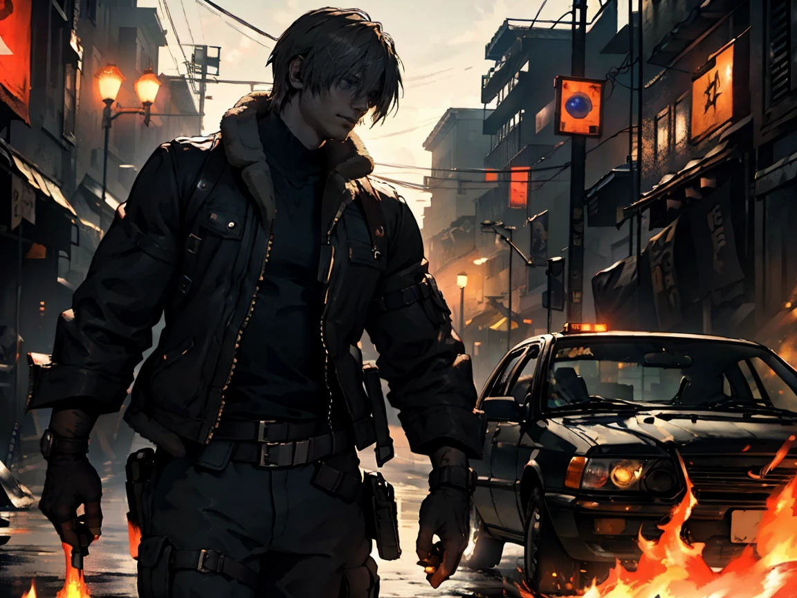  Leon s Kennedy en la ciudad nocturna zombie, coche en llamas 