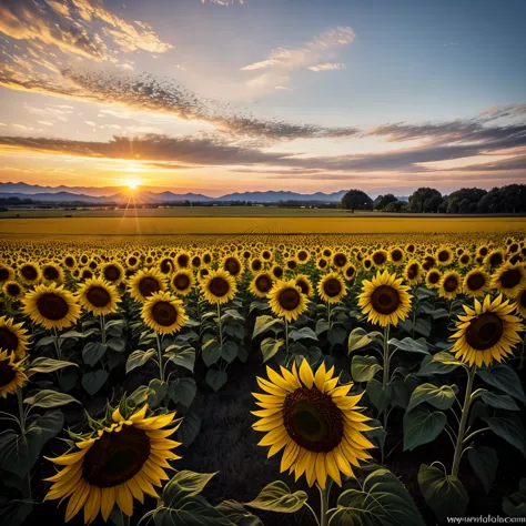 field of sunflowers, sunset, peaceful skies, silhouette of husband and wife and two kids happily playing in the distance