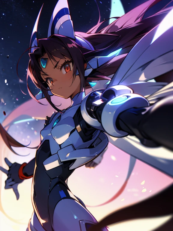 Masterpiece, best quality, highres, amazing quality, devouring the starry sky, tenchi muyo, (mega mewtwo y), flat chested, (male), (8 year old boy), (shota), (Dark skin), cute, red eyes, very long dark brown hair, blue gem on forehead, white mecha musume armour, white exosuit armour, black powersuit, white mecha armour legging, mechanical tail, badass, cool, shounen, close up,