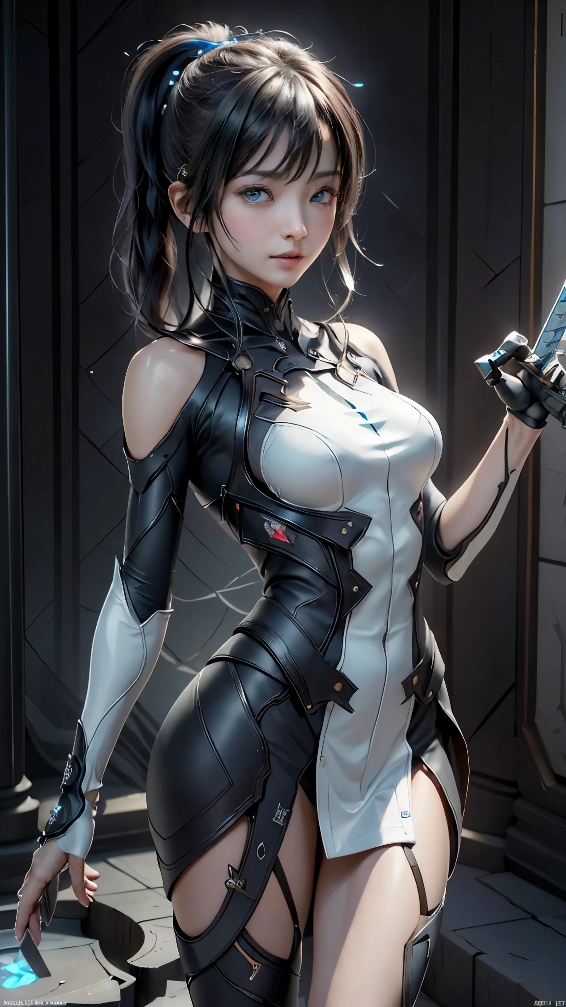 ((highest quality)), ((masterpiece)), (detailed:1.4), 。.。.。.3D, beautiful cyberpunk woman image,nffsw(high dynamic range),ray tracing,NVIDIA RTX,super resolution,unreal 5,Scattered beneath the surface,PBR texturing,post processing,anisotropic filtering,Depth of bounds written,maximum clarity and sharpness,multilayer texture,Albedo and specular maps,surface shading,Accurate simulation of light-matter interactions,perfect proportions,octane rendering,two-tone lighting,wide aperture,Low ISO、White balance、Rule of thirds、8K students、((Holding a sword in your hand))(((white and blue clothes)))