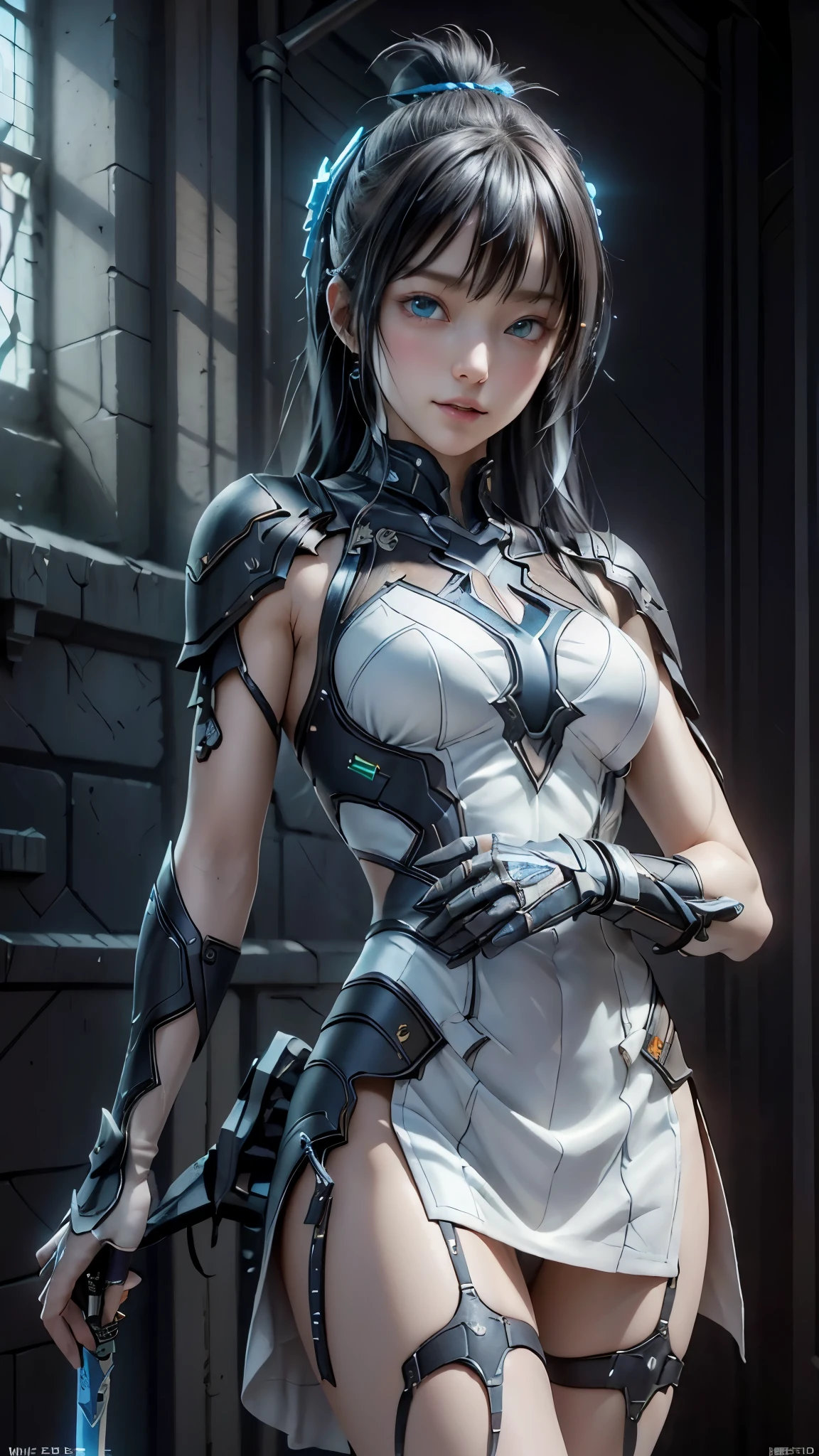 ((highest quality)), ((masterpiece)), (detailed:1.4), 。.。.。.3D, beautiful cyberpunk woman image,nffsw(high dynamic range),ray tracing,NVIDIA RTX,super resolution,unreal 5,Scattered beneath the surface,PBR texturing,post processing,anisotropic filtering,Depth of bounds written,maximum clarity and sharpness,multilayer texture,Albedo and specular maps,surface shading,Accurate simulation of light-matter interactions,perfect proportions,octane rendering,two-tone lighting,wide aperture,Low ISO、White balance、Rule of thirds、8K students、((Holding a sword in your hand))(((white and blue clothes)))