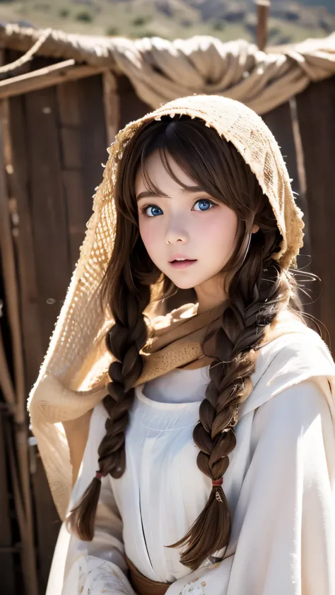 one woman、Perfect good looks、beautiful eyes、brown hair、french braid、skin as white as snow、blue eyes、random facial expressions、full cover bedouin costume、Dark red tunic、desert、Dense skin and texture、dystopia、blurred background、