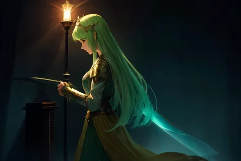 dimly lit room、Lamp light source only、legendary sword、A sword kept stuck on a pedestal、dragon slayer sword、Great sword、magic、ancient weapon、crown、The current image of a princess with wavy golden-green hair.、