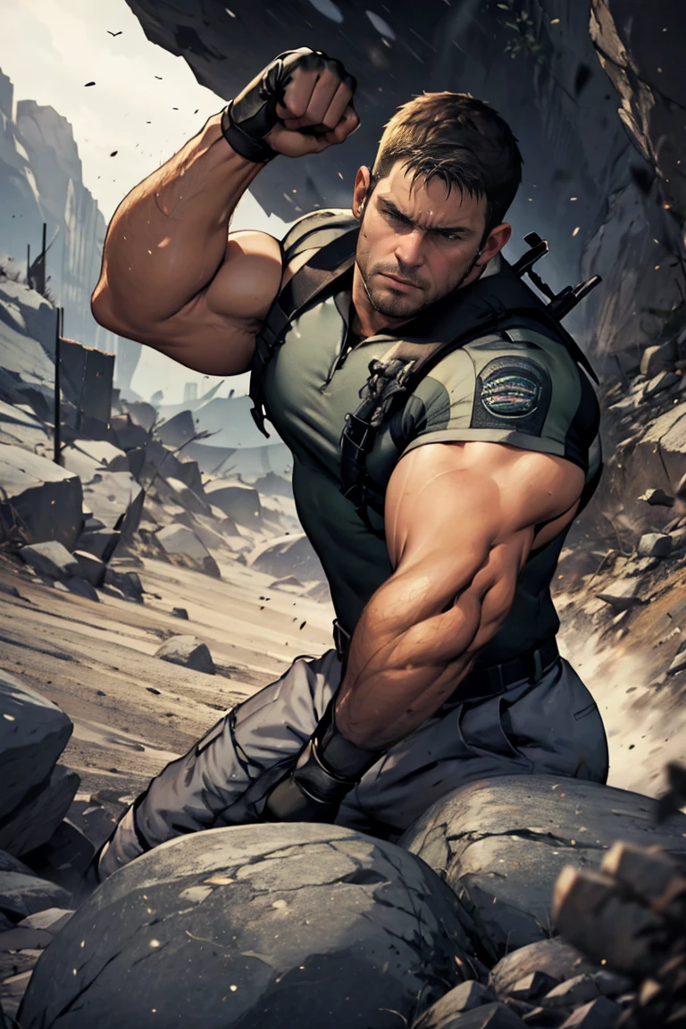 Chris Redfield está golpeando una roca gigante..