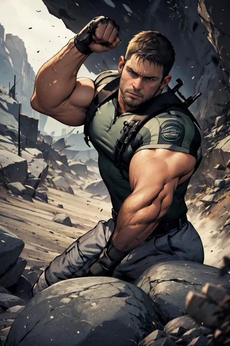 Chris redfield is punching a giant rock.