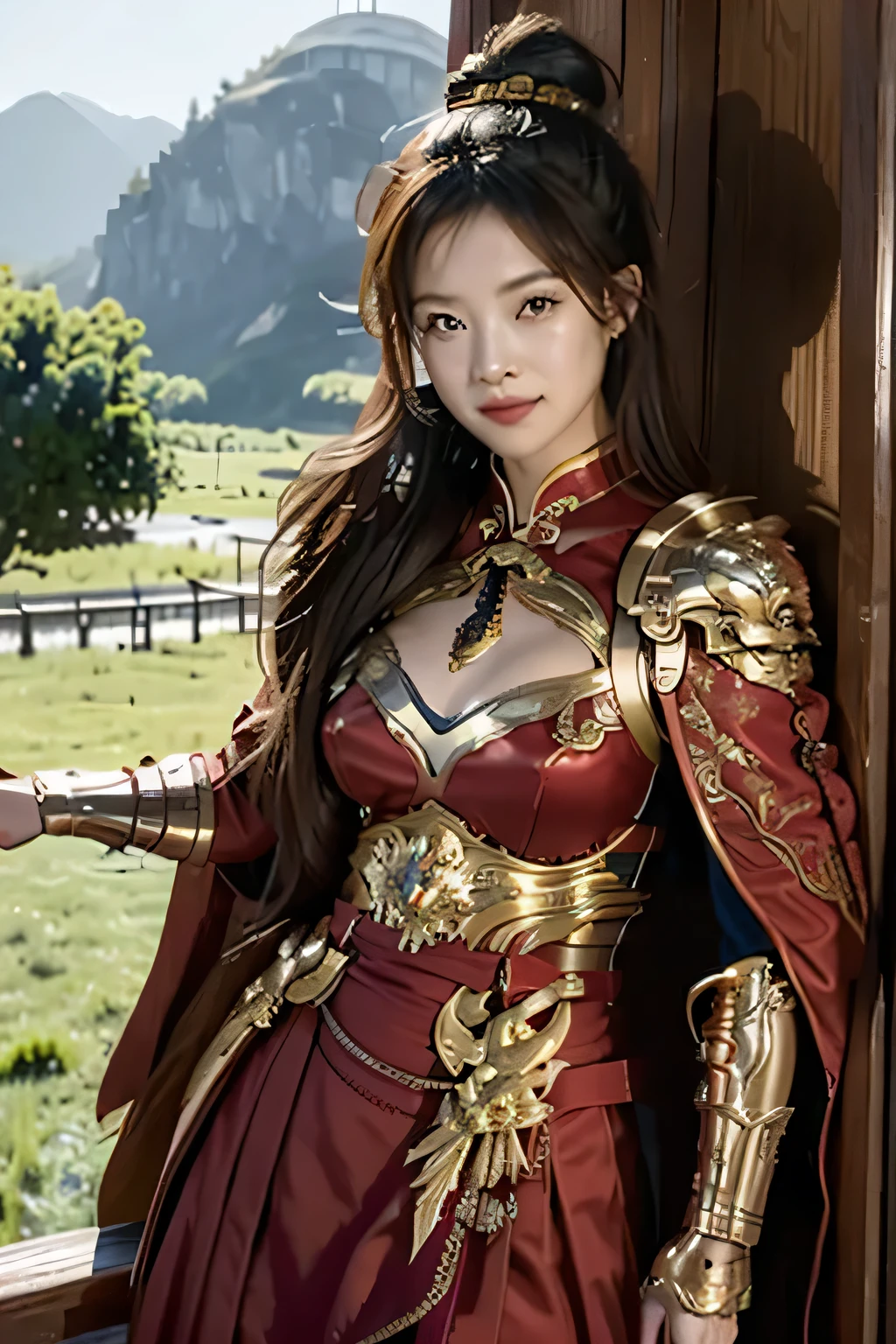 Chinese girl，Finely engraved picture section，Detail the eyes，Crimson cape， metal pauldron，Metal armor，Breasts are full and erect，Gold hairband，majestic，Smile（open mouth）（The corners of the mouth are raised），、（Hair in a bun：1.5），（Hair bun raised high）。wilderness background（grassland background）