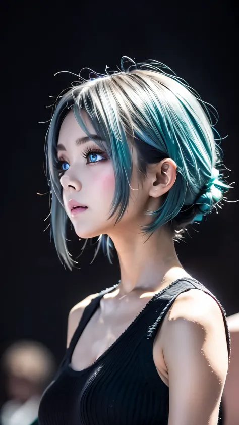 multicolor, 1 girl, night, dark, ash gray hair,(Detailed gray eyes), looking at the viewer, Upper body, In-person audience, limited pallete, black background,shining turquoise blue