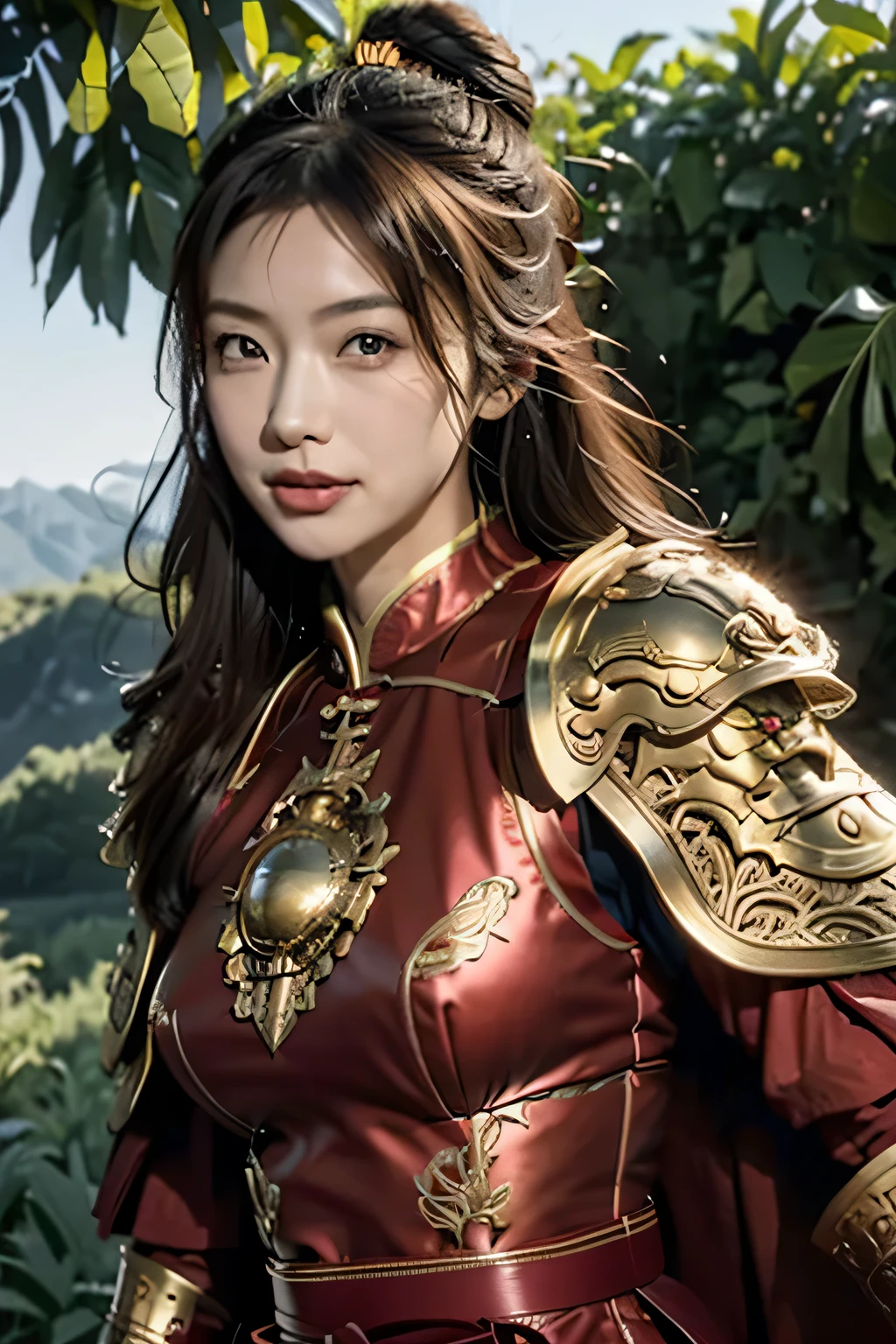 Chinese girl，Finely engraved picture section，Detail the eyes，Crimson cape， metal pauldron，Metal armor，Breasts are full and erect，Gold hairband，majestic，Smile（open mouth）（The corners of the mouth are raised），、（Hair in a bun：1.5），（Hair bun raised high）。wilderness background（grassland background）