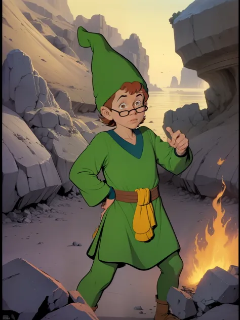 (((COMIC STYLE, CARTOON ART))). ((A Movie poster style)), image of Presto, 14 years old, wearing a long green tunic, with him as the central figure. He is standing, his hands holding a wizard's GREEN hat, (((PRACTICING MAGIC WITH THE GREEN BEANIE))). He we...