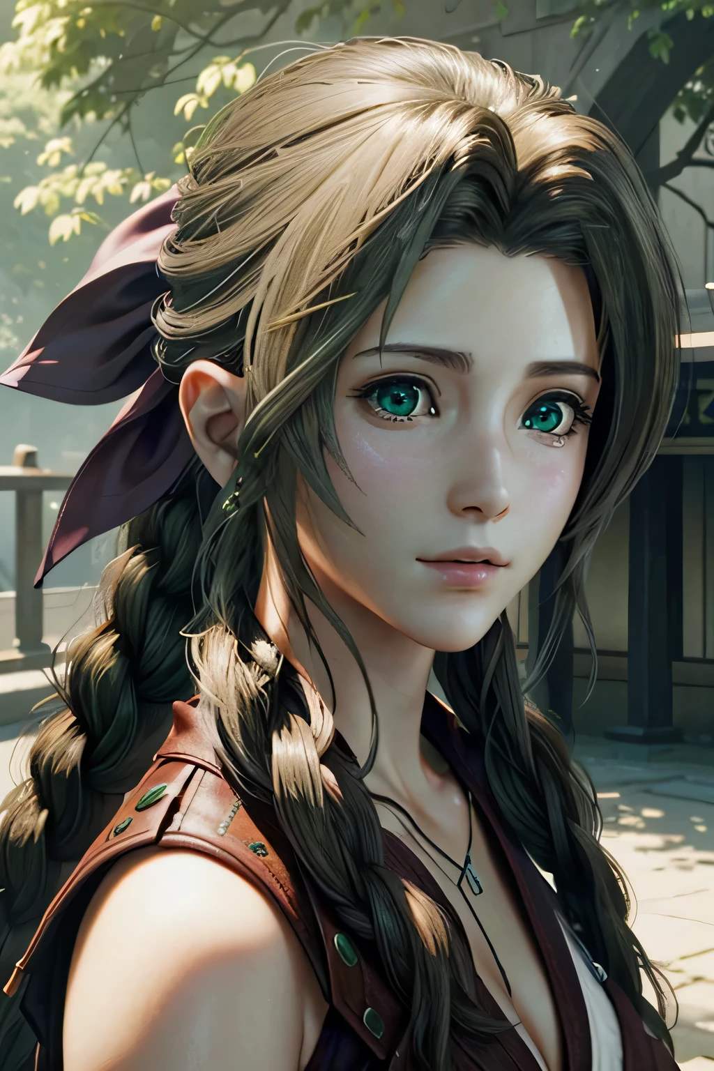 ((Extrem detailliert, Meisterwerk, beste Qualität))
 FF7Aerith, 1 Mädchen, Allein, einzelner Zopf, grüne Augen, braune Haare, Porträt