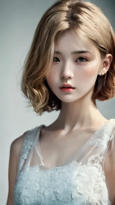anatomy、realistic depiction of the human body、one woman、１６talent、very cute face、beige hair、unique short bob、small breasts、transparent skin、Immersive depiction、Also々new expression、realism、Upper body angle、focus on face、white elegant dress、blurred background...