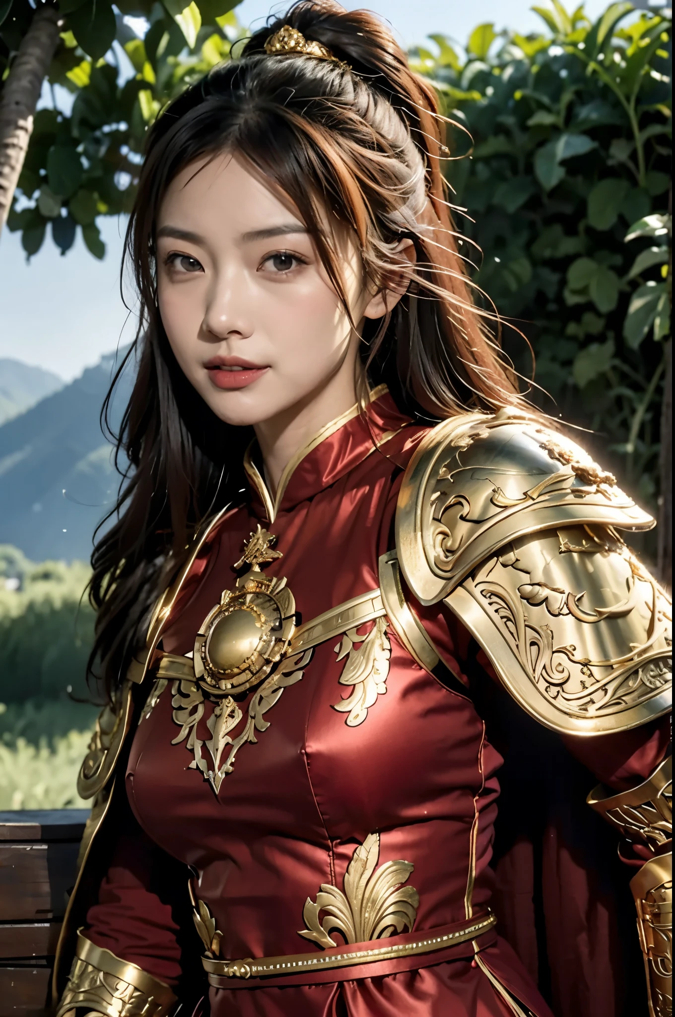 Chinese girl，Finely engraved picture section，Detail the eyes，Crimson cape， metal pauldron，Metal armor，Breasts are full and erect，Gold hairband，majestic，Smile（open mouth）（The corners of the mouth are raised），、（Hair in a bun：1.5），（Hair bun raised high）。wilderness background（grassland background）