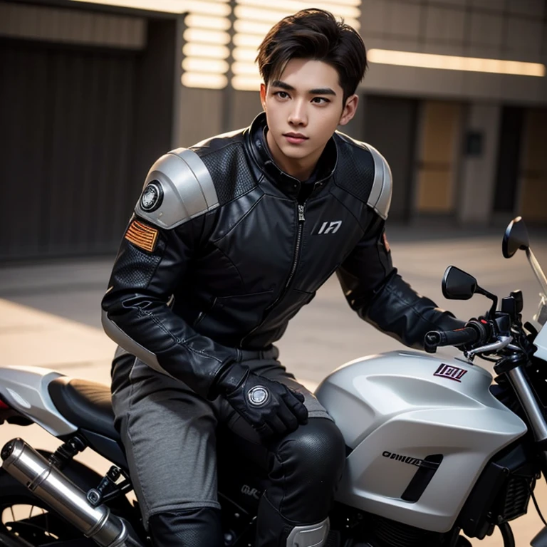 fking_scifi, black pilot suit with yellow accents, brown hair (gray eyes: 1.35), Thai guy, handsome teenager, rides a cool motorcycle, bokeh, mass effect, long distance, fullbody image fking_cinema_v2