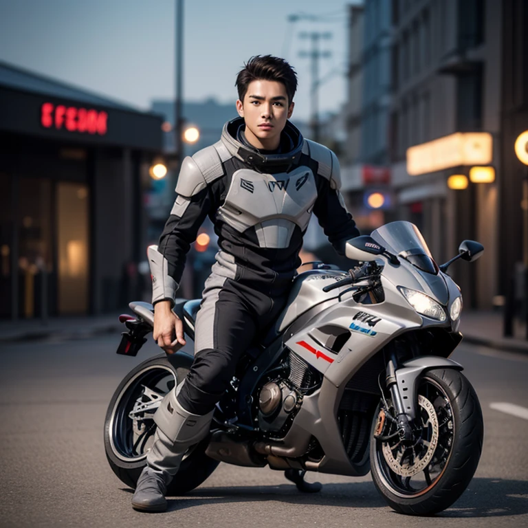 fking_scifi, black pilot suit with yellow accents, brown hair (gray eyes: 1.35), Thai guy, handsome teenager, rides a cool motorcycle, bokeh, mass effect, long distance, fullbody image fking_cinema_v2