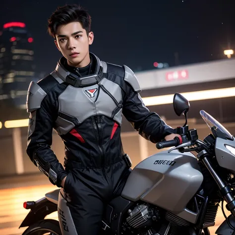 fking_scifi, black pilot suit with red accents, brown hair (gray eyes: 1.35), Thai guy, handsome teenager, rides a cool motorcyc...