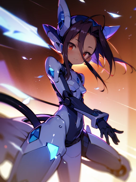 Masterpiece, best quality, highres, amazing quality, devouring the starry sky, tenchi muyo, (mega mewtwo y), flat chested, (male), (8 year old boy), (shota), (Dark skin), cute, red eyes, very long dark brown hair, blue gem on forehead, white mecha musume armour, white exosuit armour, black powersuit, white mecha armour legging, mechanical tail, badass, cool, shounen, close up, adorable smile,