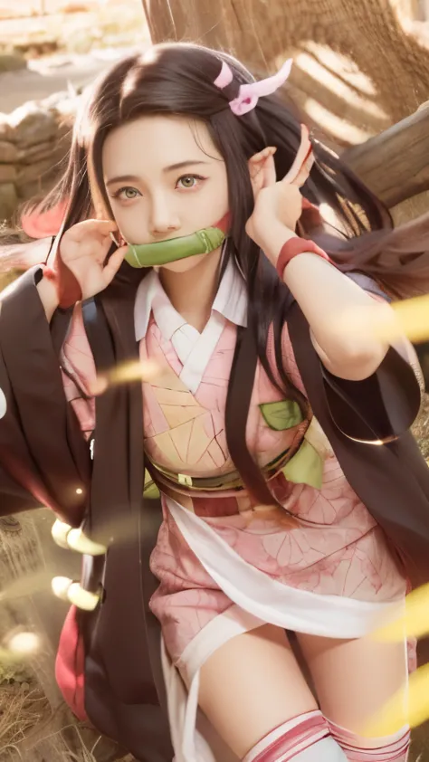 anime girl with a green tape around her mouth and mouth, nezuko-chan, nezuko, demon slayer rui fanart, kimetsu no yaiba, demon s...