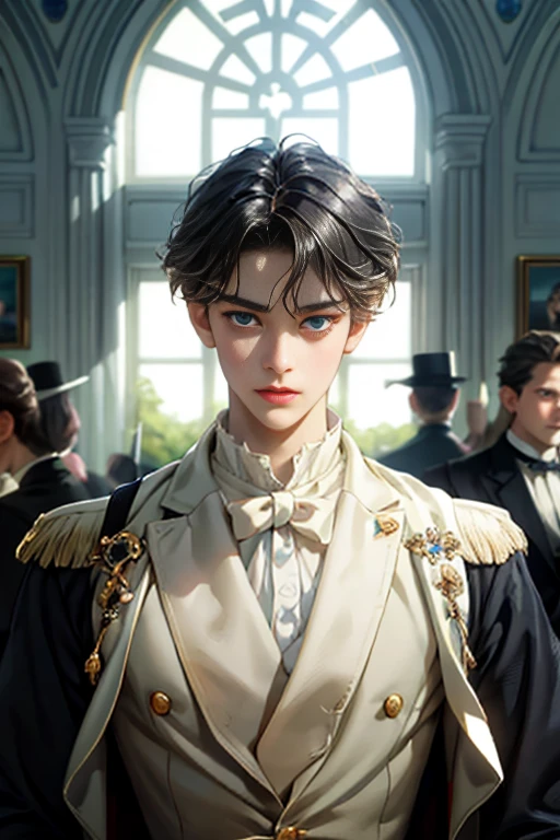 masterpiece, 最high quality, high quality, 1 boy, alone, male focus, looking at the viewer, Upper body, victory_destiny, black hair, blue eyes, white people, Noble, historic, noble, noble的な, Victorian, 20-year-old
