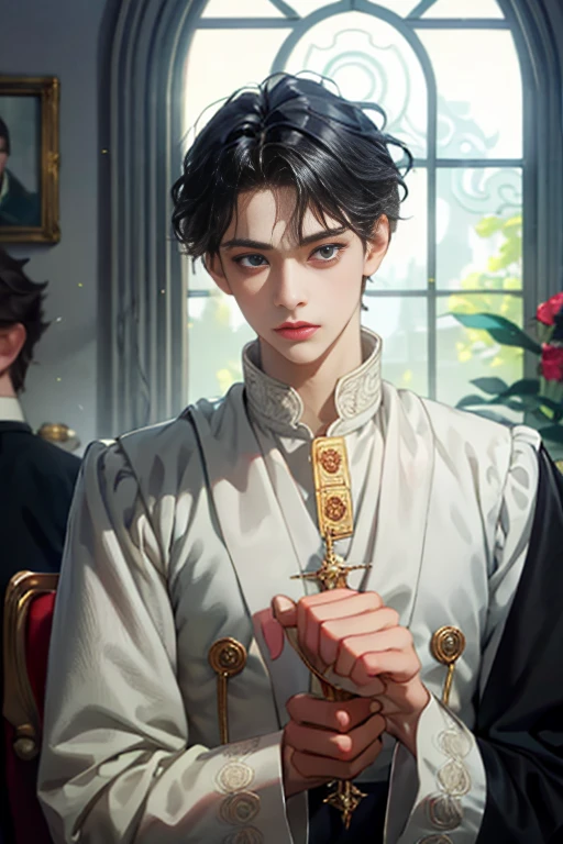 masterpiece, 最high quality, high quality, 1 boy, alone, male focus, looking at the viewer, Upper body, victory_destiny, black hair, blue eyes, white people, Noble, historic, noble, noble的な, Victorian, 20-year-old