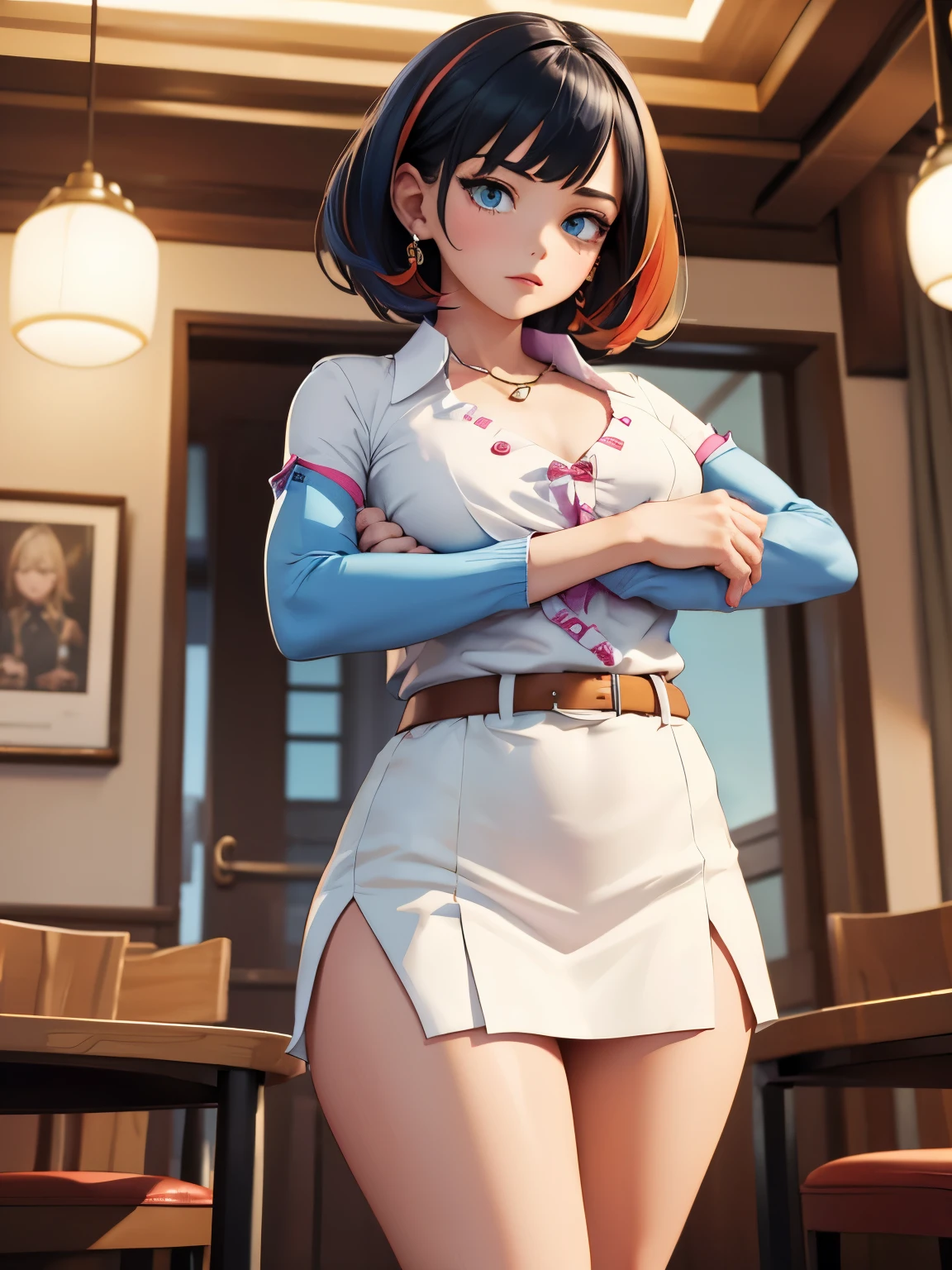 masterpiece, best quality, ultra detailed, highres, high-resolution, highly detailed, super detailed skin, detailed beautiful eyes, detailed beautiful face, highly detailed background, 1 japanese girl, 18 years old, tall and plump body, huge breasts, thin waist, big hip, thick thighs, pixie cut, very shot hair, multi colored hair, BREAK, cowboy shot, indoor, busy pub, surrounded by many people, wearing Office lady-like clothes, (clossed arms under chest:2)
