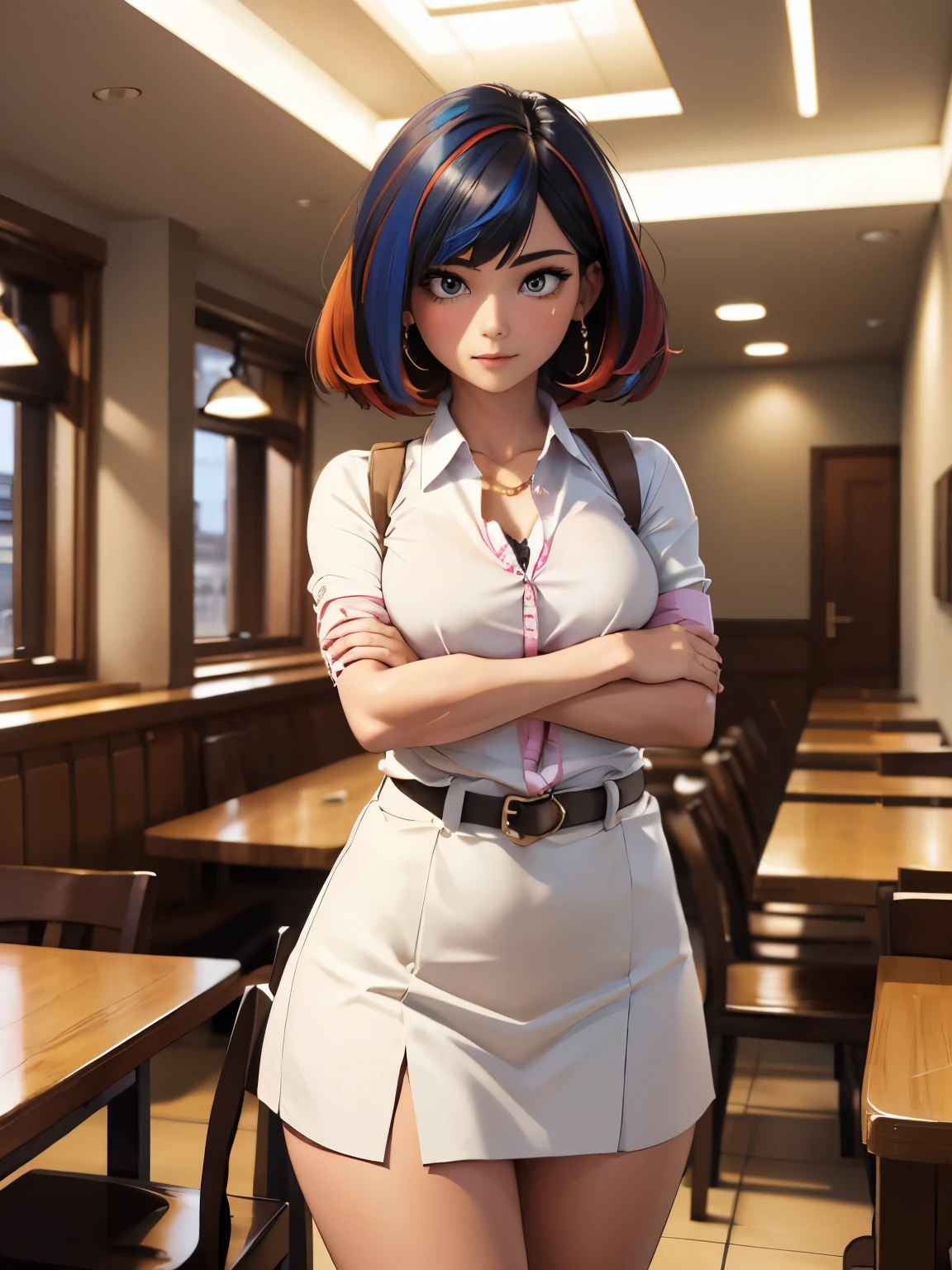 masterpiece, best quality, ultra detailed, highres, high-resolution, highly detailed, super detailed skin, detailed beautiful eyes, detailed beautiful face, highly detailed background, 1 japanese girl, 18 years old, tall and plump body, huge breasts, thin waist, big hip, thick thighs, pixie cut, very shot hair, multi colored hair, BREAK, cowboy shot, indoor, busy pub, surrounded by many people, wearing Office lady-like clothes, (clossed arms under chest:2)