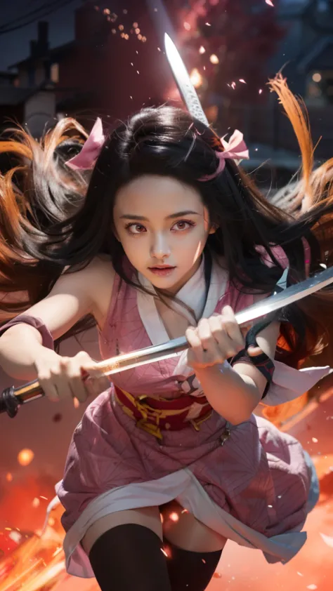 a girl in a pink outfit is holding a sword in her hand, nezuko, nezuko-chan, demon slayer rui fanart, demon slayer artstyle, off...