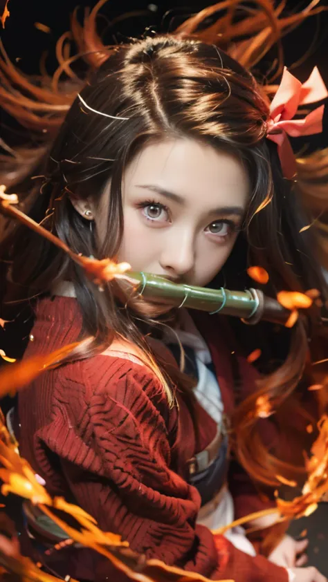 a girl with long hair and a bow in her hair, nezuko, nezuko-chan, demon slayer artstyle, demon slayer rui fanart, ayaka genshin ...