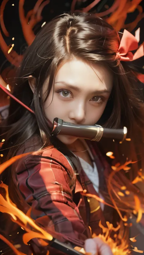 a girl with long hair and a bow in her hair, nezuko, nezuko-chan, demon slayer artstyle, demon slayer rui fanart, ayaka genshin ...